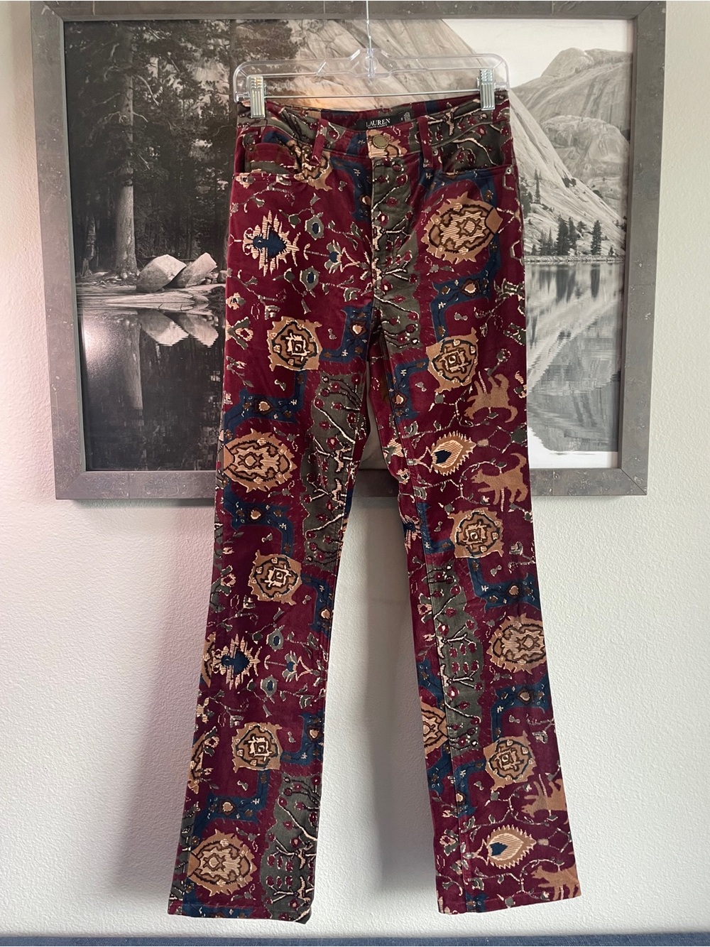 Lauren Ralph Lauren Burgundy Multicolor Printed Flare Velour Pants